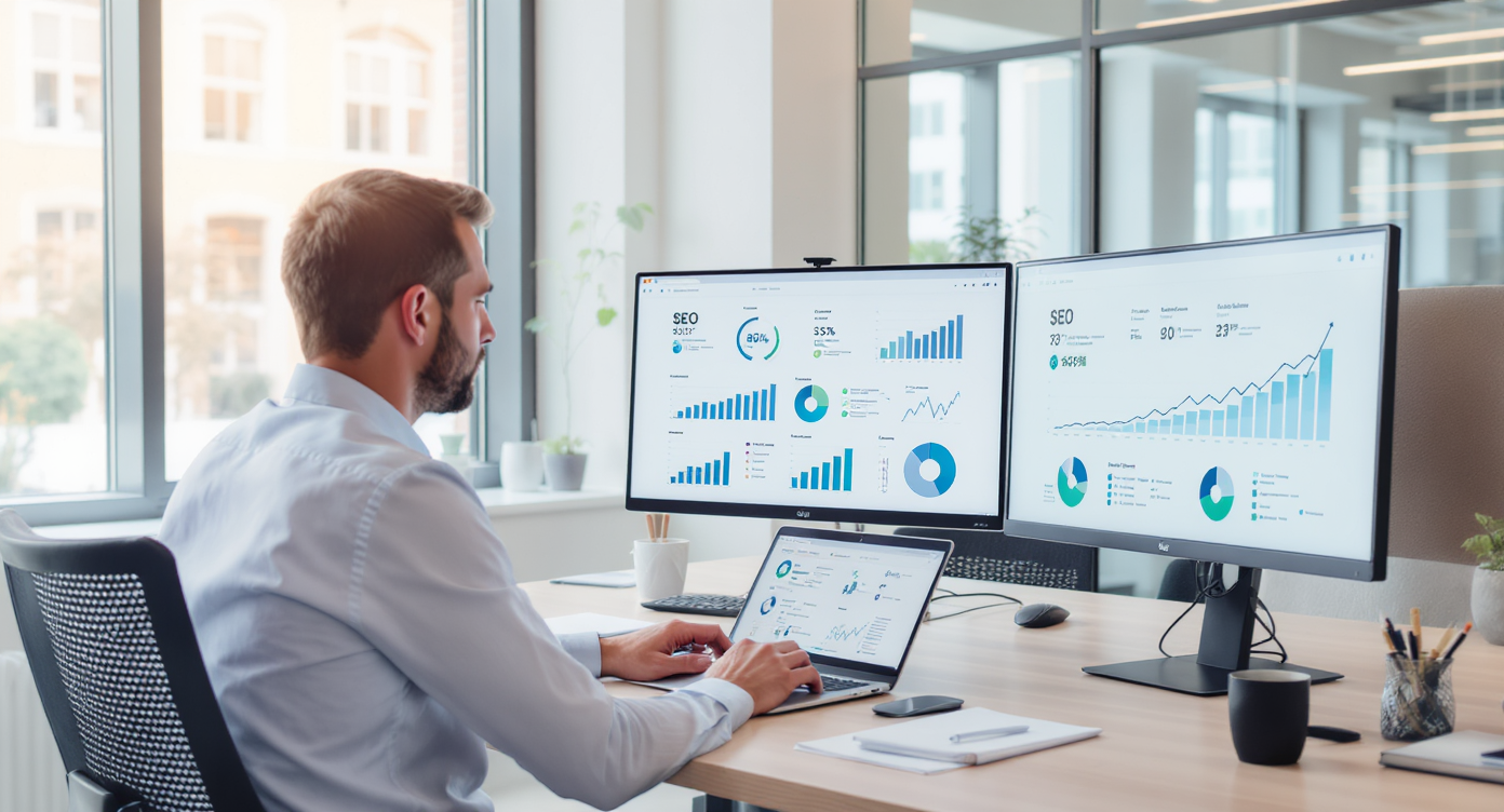 Consultant SEO analysant des données de visibilité digitale à Lyon