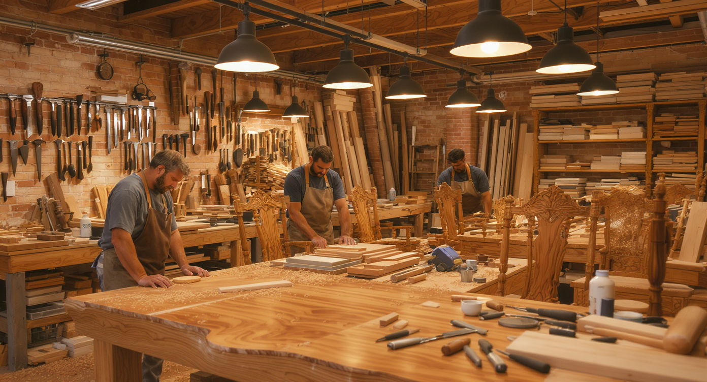 Atelier de menuiserie sur mesure avec artisans au travail à Paris