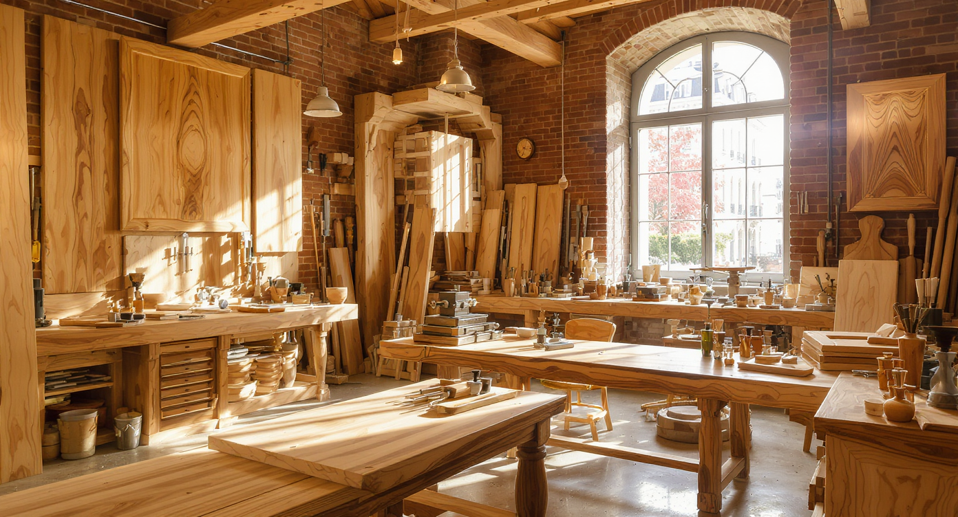 Atelier de menuiserie sur mesure avec échantillons de bois à Paris