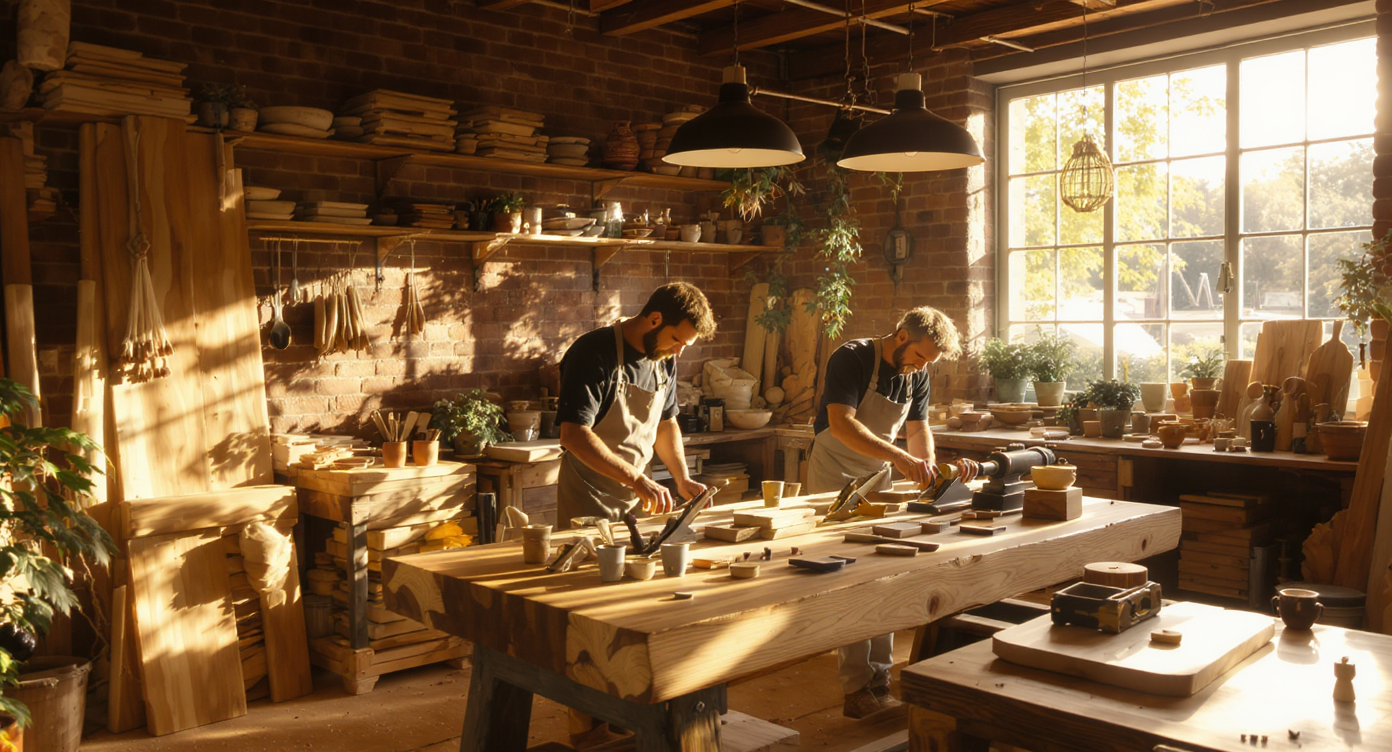 Atelier de menuiserie écoresponsable avec artisans au travail à Paris