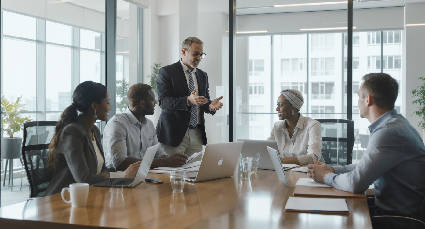 Professionnels discutant de stratégies de prospection commerciale B2B