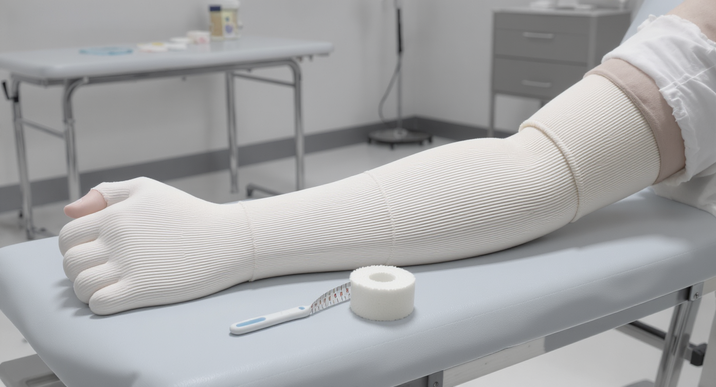 Medical arm cast with healthcare tools and recovery symbols